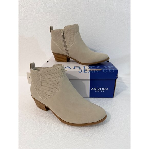 Arizona Jean Co. Womens Beige Faux Suede Ankle Booties With Side Zippers & Stack - Picture 2 of 11